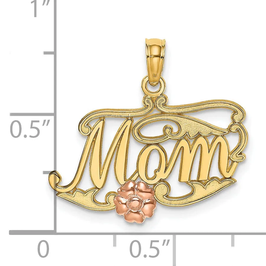 14k Two Tone Gold Polished Finish MOM Script with Flower Design Charm Pendant