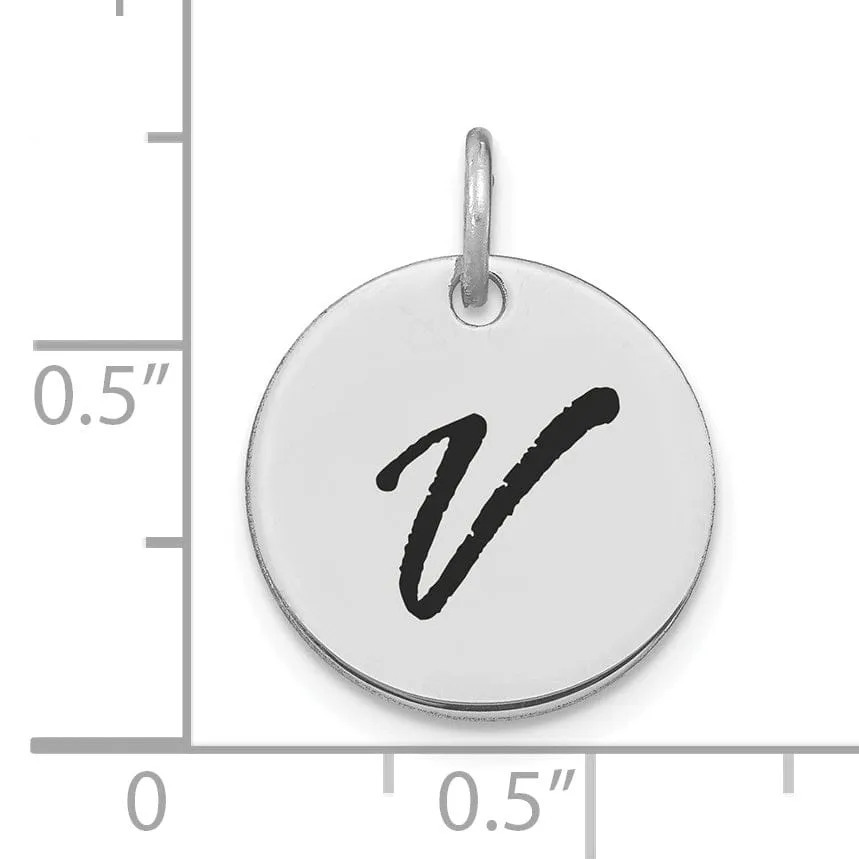 14k White Gold Polished Rhodium Black Epoxy Finish Letter V Initial Disk Shape Charm Pendant