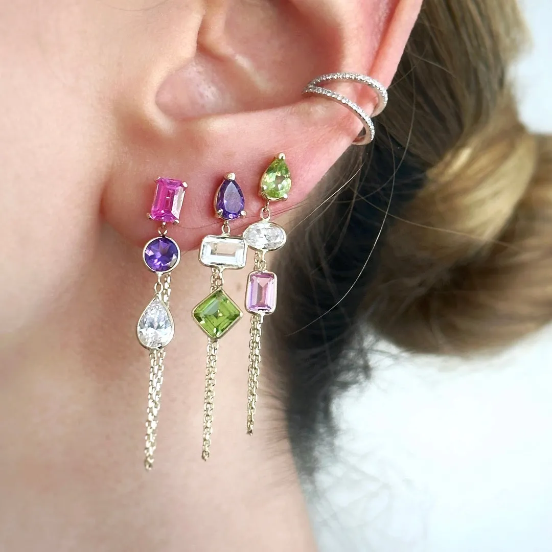 14K Yellow Gold Drop, Emerald And Princess Cut Amethyst, White And Peridot Gemstones Chain Studs