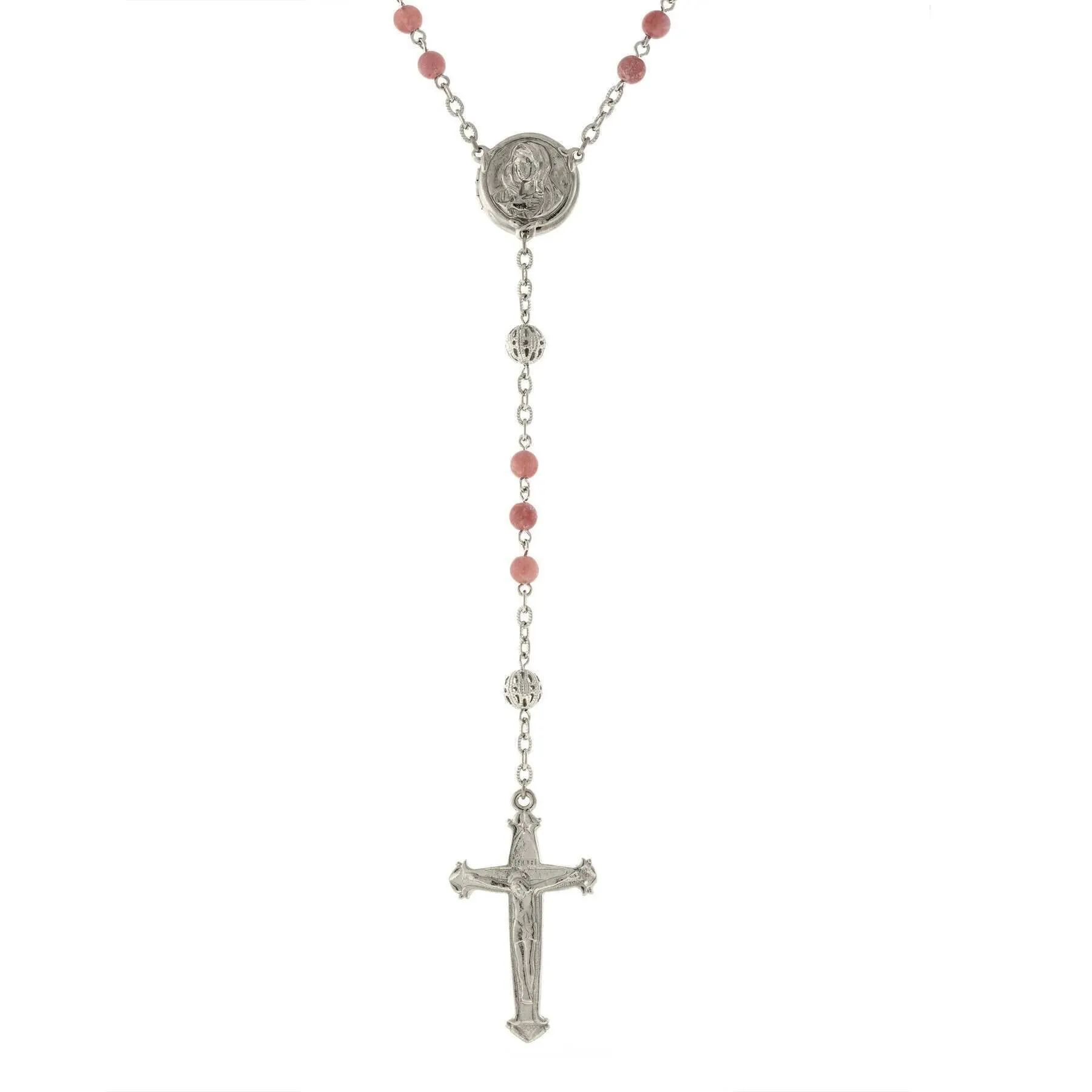 1928 Jewelry Beaded Crucifix With Mary Locket Necklace Rosary