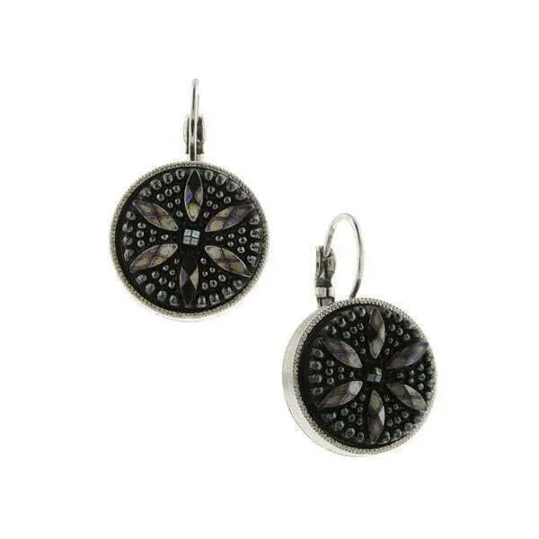 1928 Jewelry Jet Black Flower Stone Round Drop Earrings