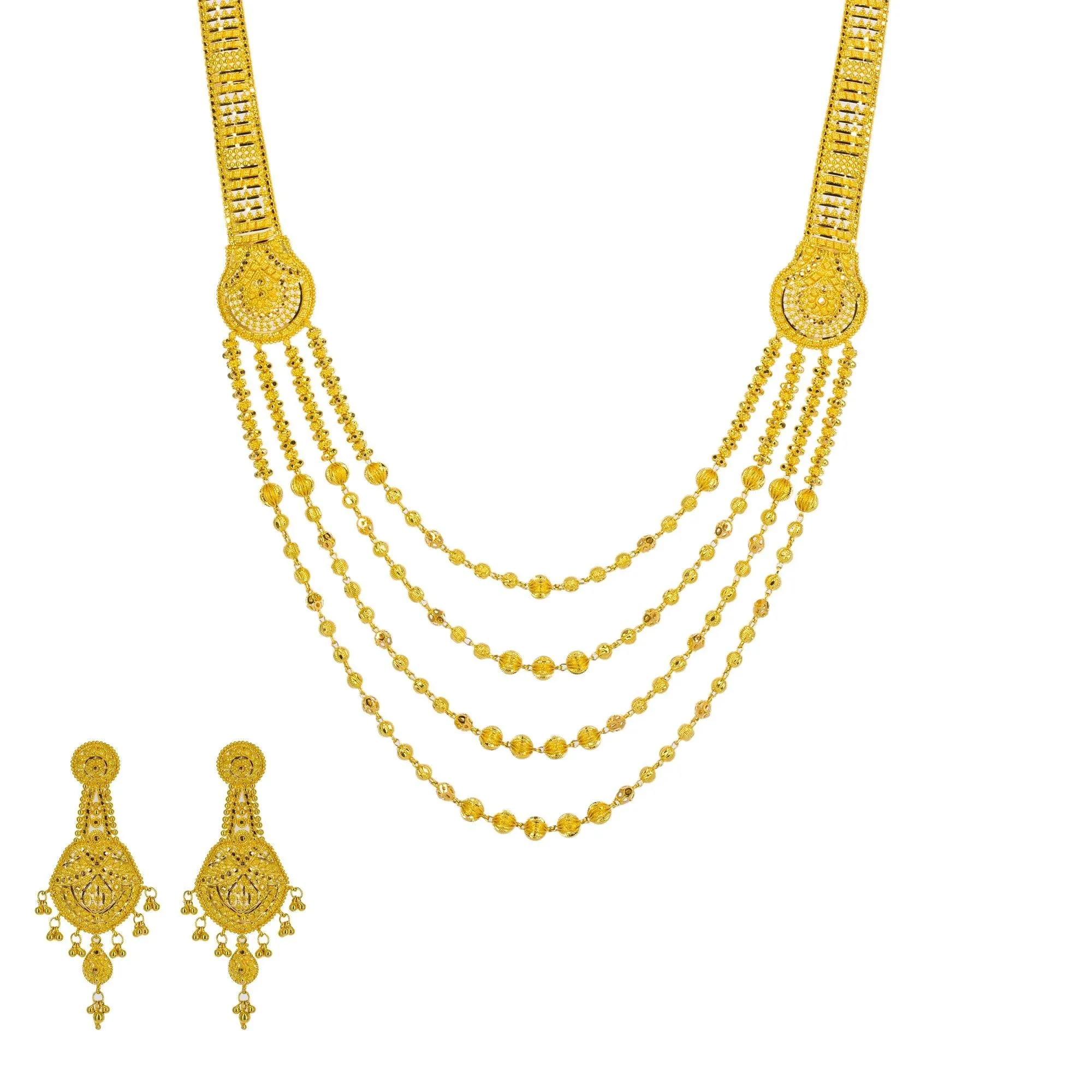 22K Yellow Gold Long Necklace & Earrings Set W/ Draping Collar Strands