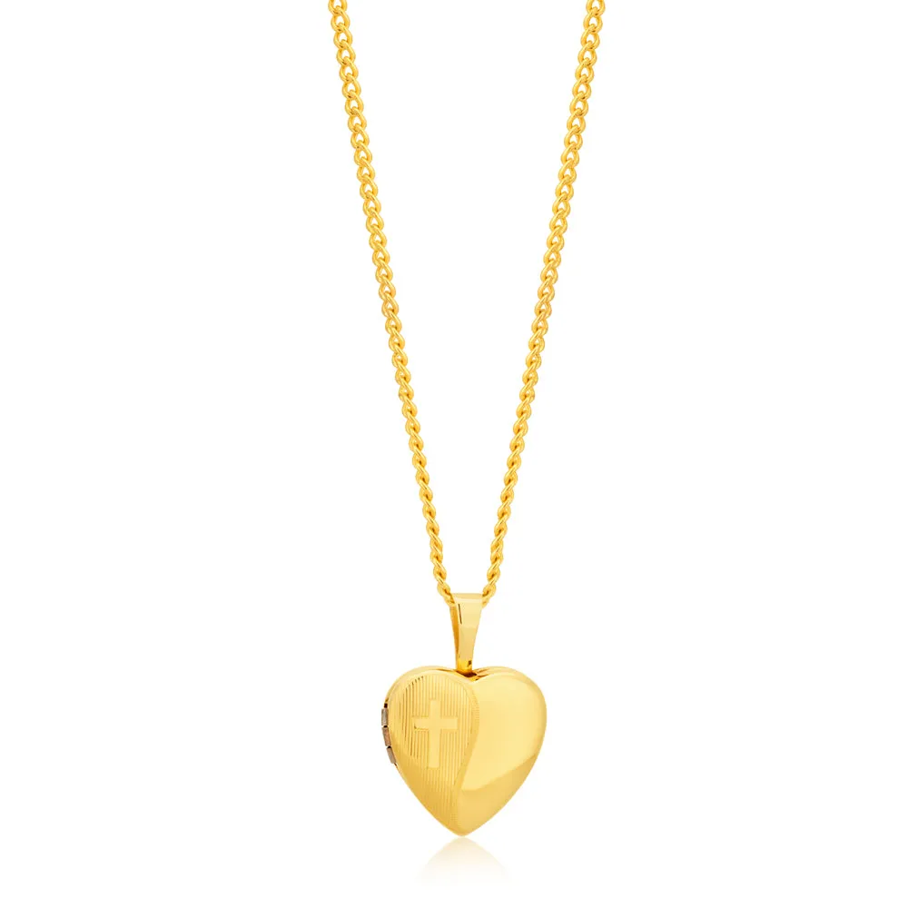 9ct Yellow Gold Etched Cross Heart Locket