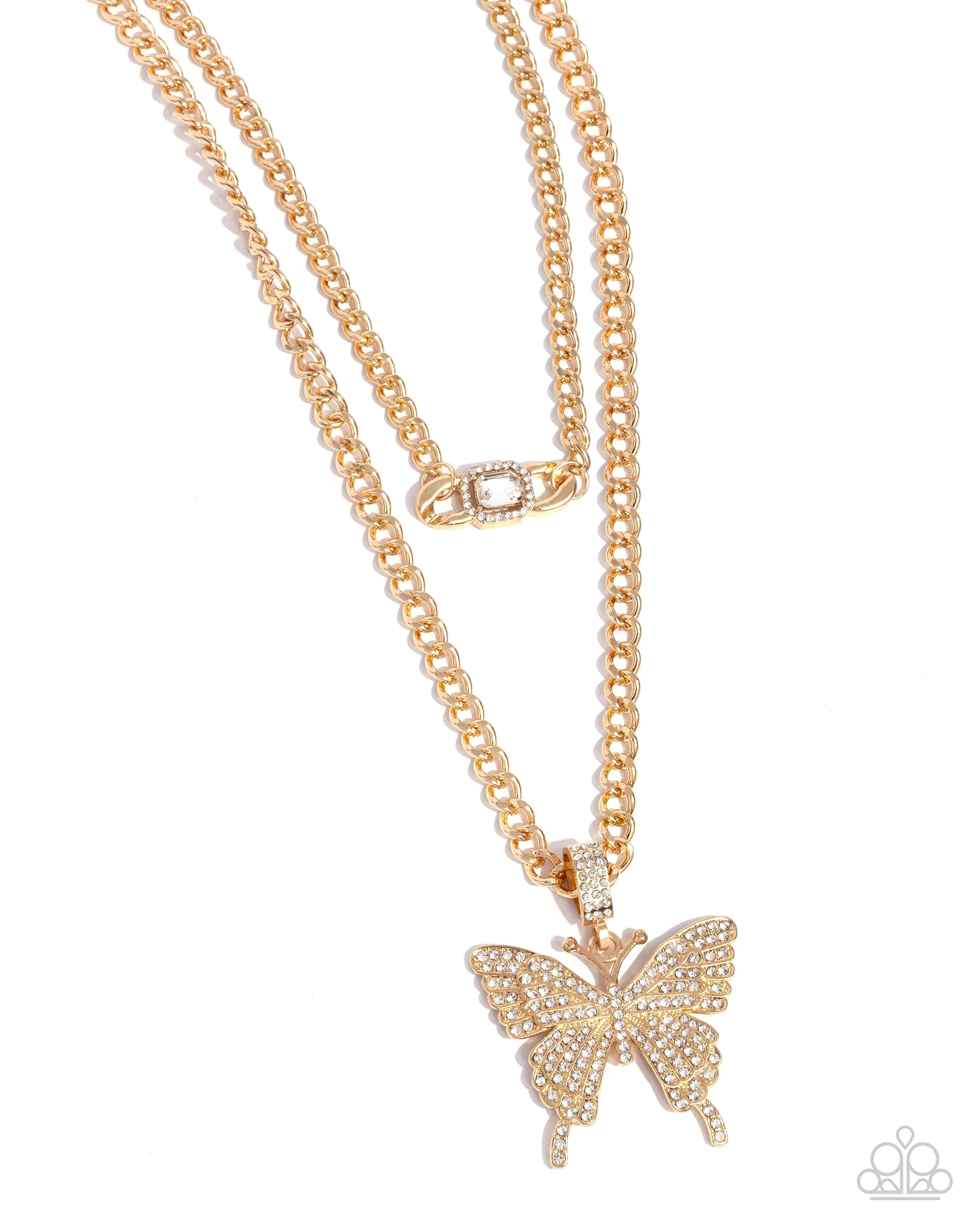 Aerial Arrangement - Gold - Rhinestone Encrusted Butterfly Tiered Paparazzi Short Necklace