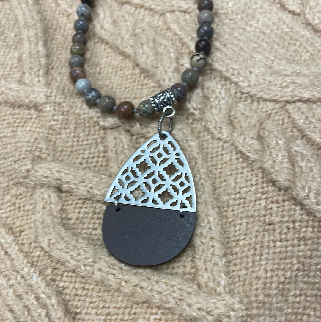 Artistic Jasper with Silver Screen & Leather Necklace