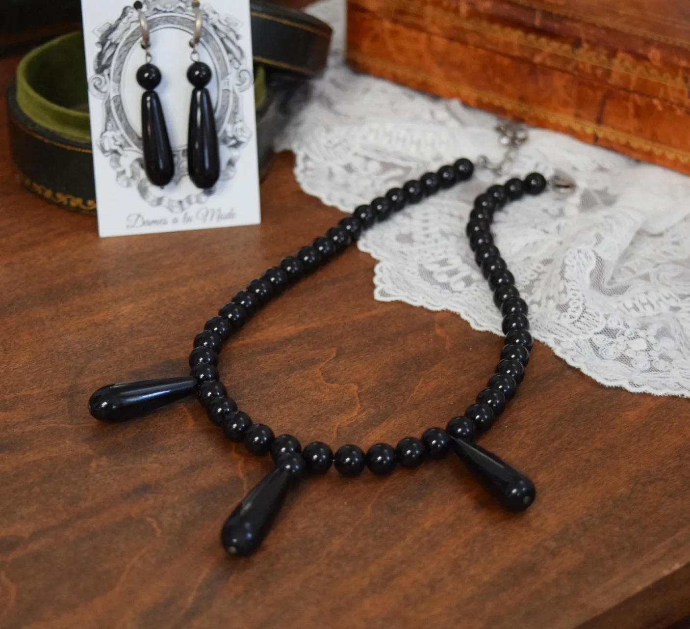 Black Onyx Beaded Necklace with Teardrops