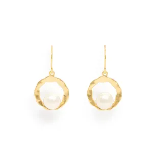 Credo gold hollow disk earrings with cultured freshwater pearls on gold fill hooks