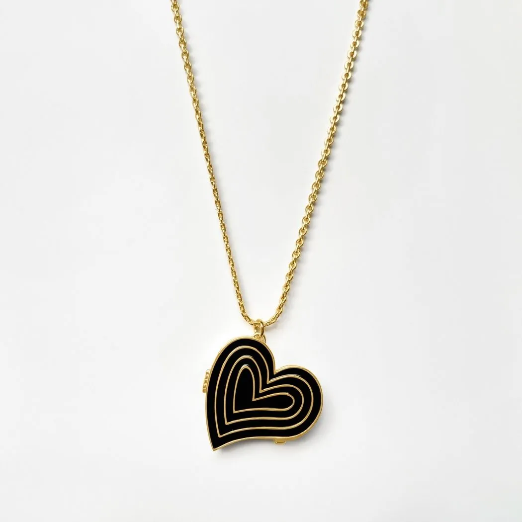 Deco Heart Locket (Onyx) - Gold