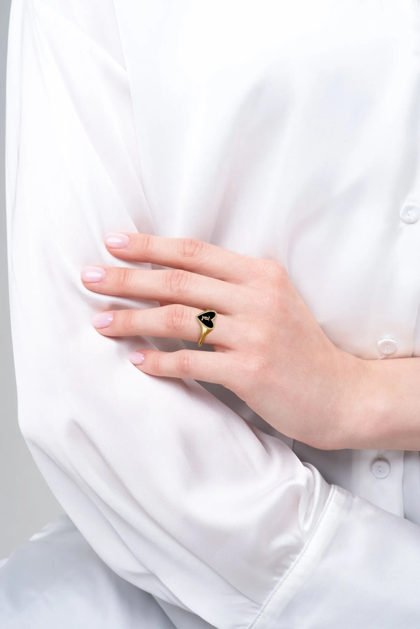 Gold Heart Signet Ring Blak Enamel Not Black Onyx Ring- Personalized Timeless Love