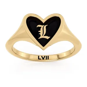 Gold Heart Signet Ring Blak Enamel Not Black Onyx Ring- Personalized Timeless Love