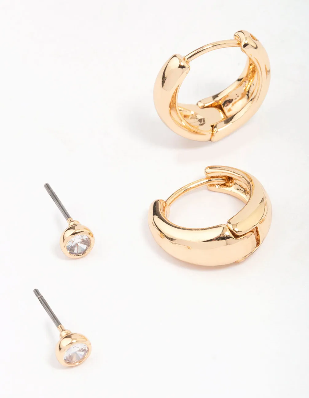 Gold Mixed Simple Stud & Hoop Earring 3-Pack