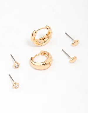 Gold Mixed Simple Stud & Hoop Earring 3-Pack