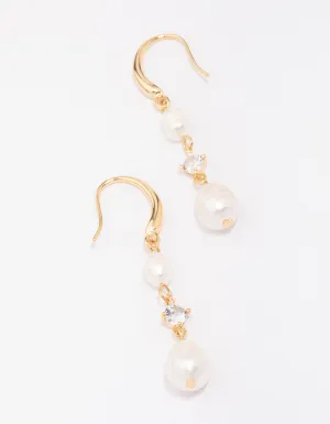 Gold Plated Alternating Pearl & Cubic Zirconia Drop Earrings