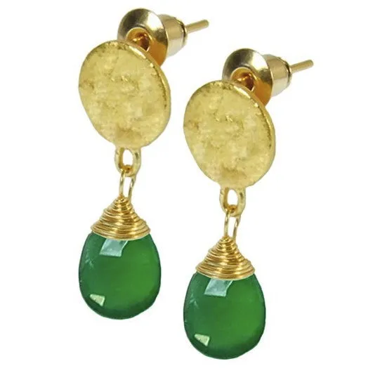 Gold Plated Green Onyx Drop Earrings