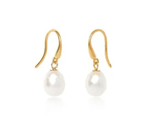 Gratia cultured freshwater teardrop pearl hanging earrings on thick gold-plated silver hooks