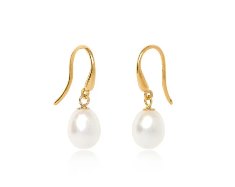 Gratia cultured freshwater teardrop pearl hanging earrings on thick gold-plated silver hooks