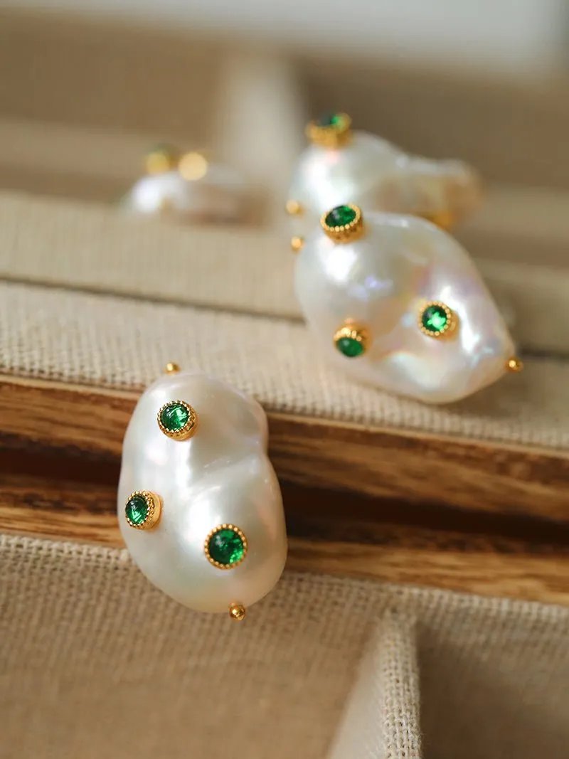 Handcrafted Baroque Pearls Earrings-Green