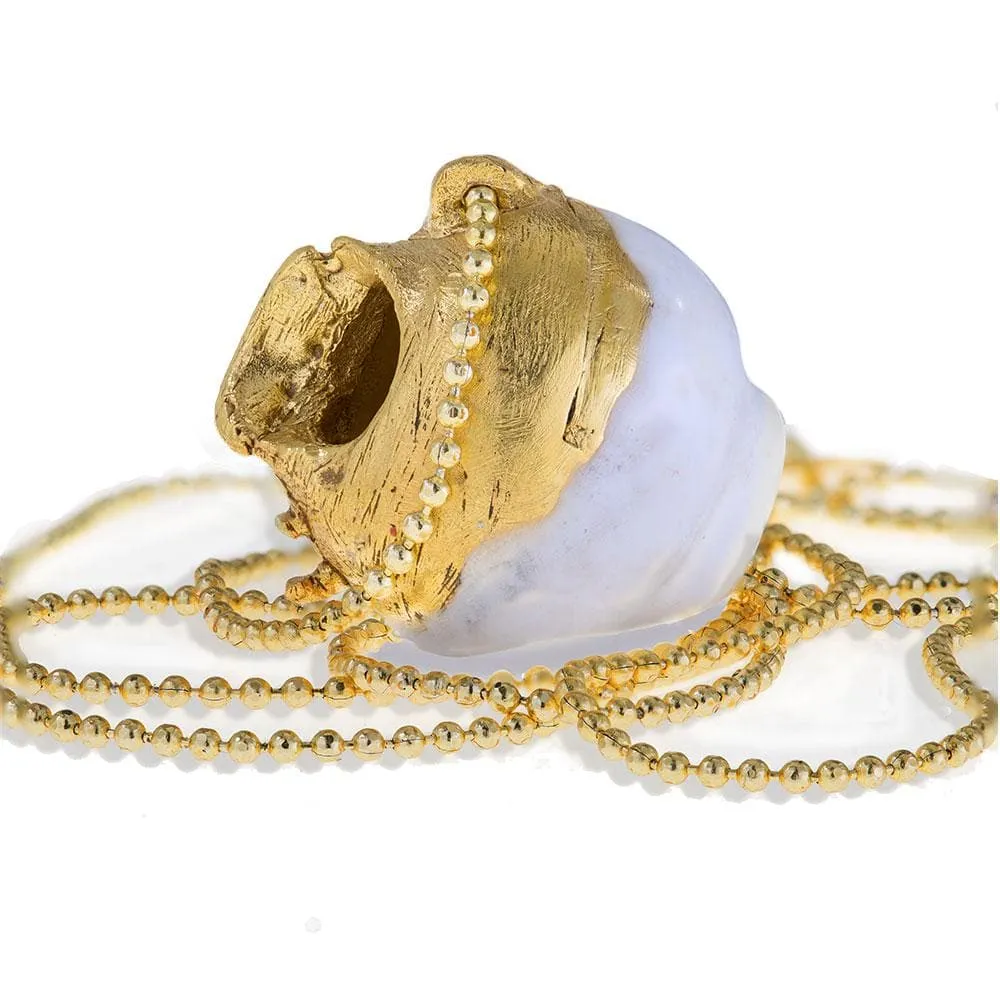 Handmade Long Pendant Necklace Gold Plated Ancient Greek Broken Kanata (pot) With White Enamel