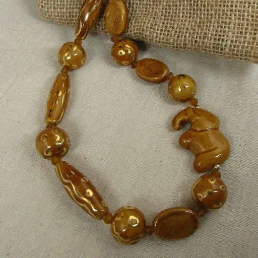 Kazuri  Necklace in brown and Gold Elephant Fair Trade