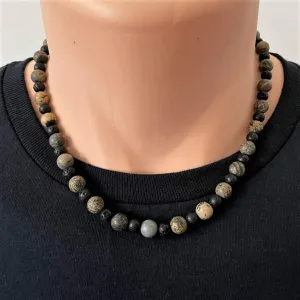 Mens Artistic Matte Stone and Black Lava Beaded Necklace