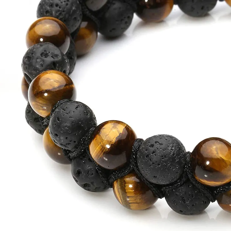 Men's Braided Bracelet Double Bead Strand Lava & Tiger's Eye