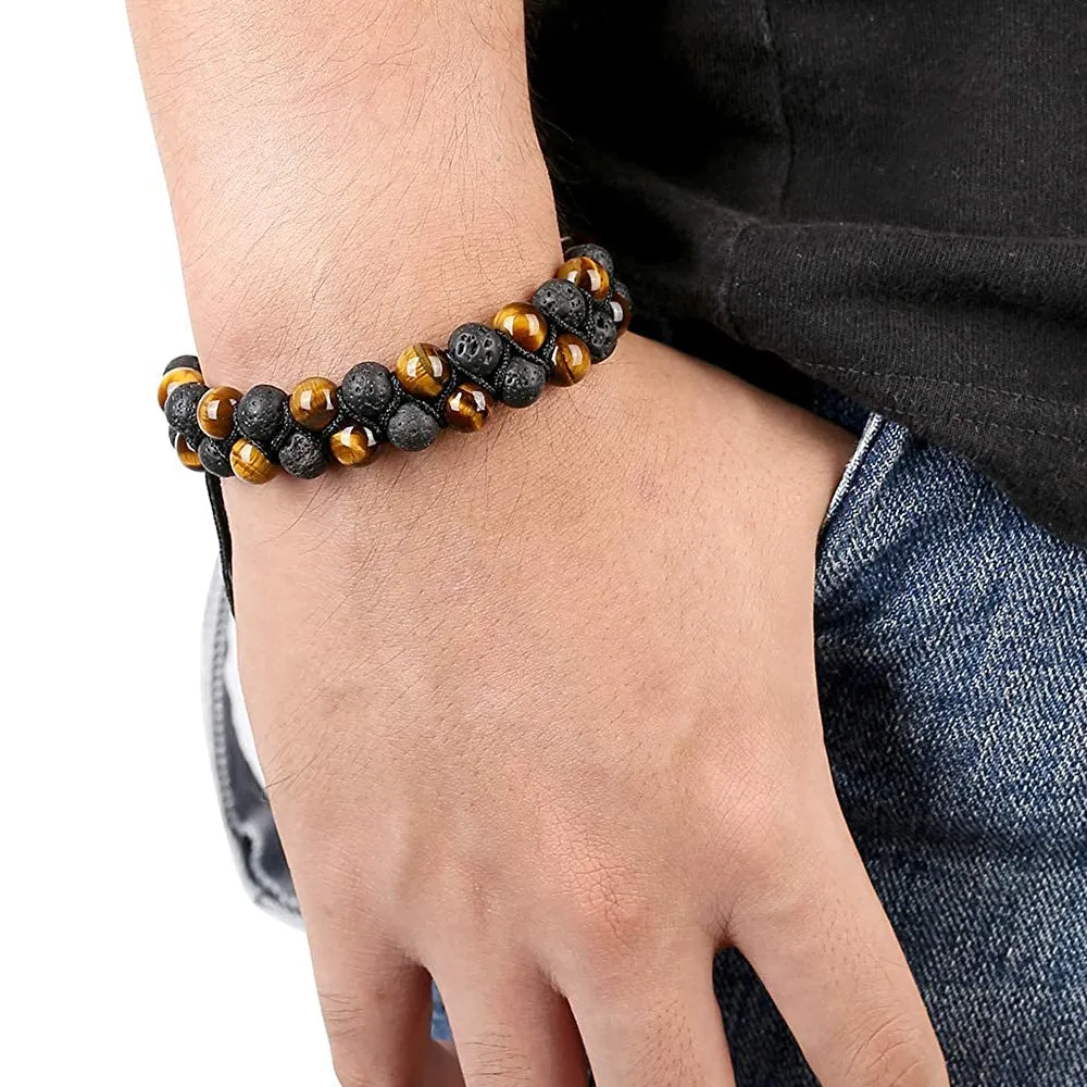 Men's Braided Bracelet Double Bead Strand Lava & Tiger's Eye