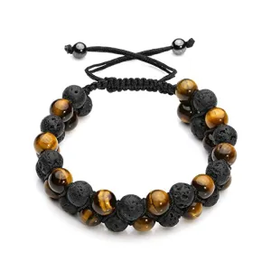 Men's Braided Bracelet Double Bead Strand Lava & Tiger's Eye