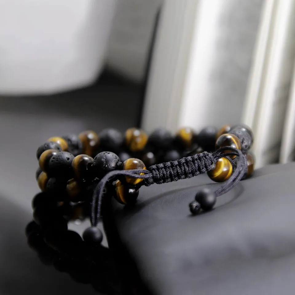 Men's Braided Bracelet Double Bead Strand Lava & Tiger's Eye