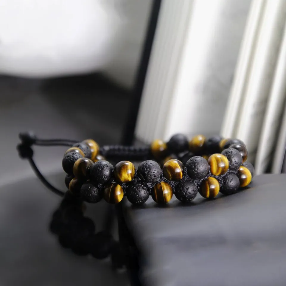 Men's Braided Bracelet Double Bead Strand Lava & Tiger's Eye