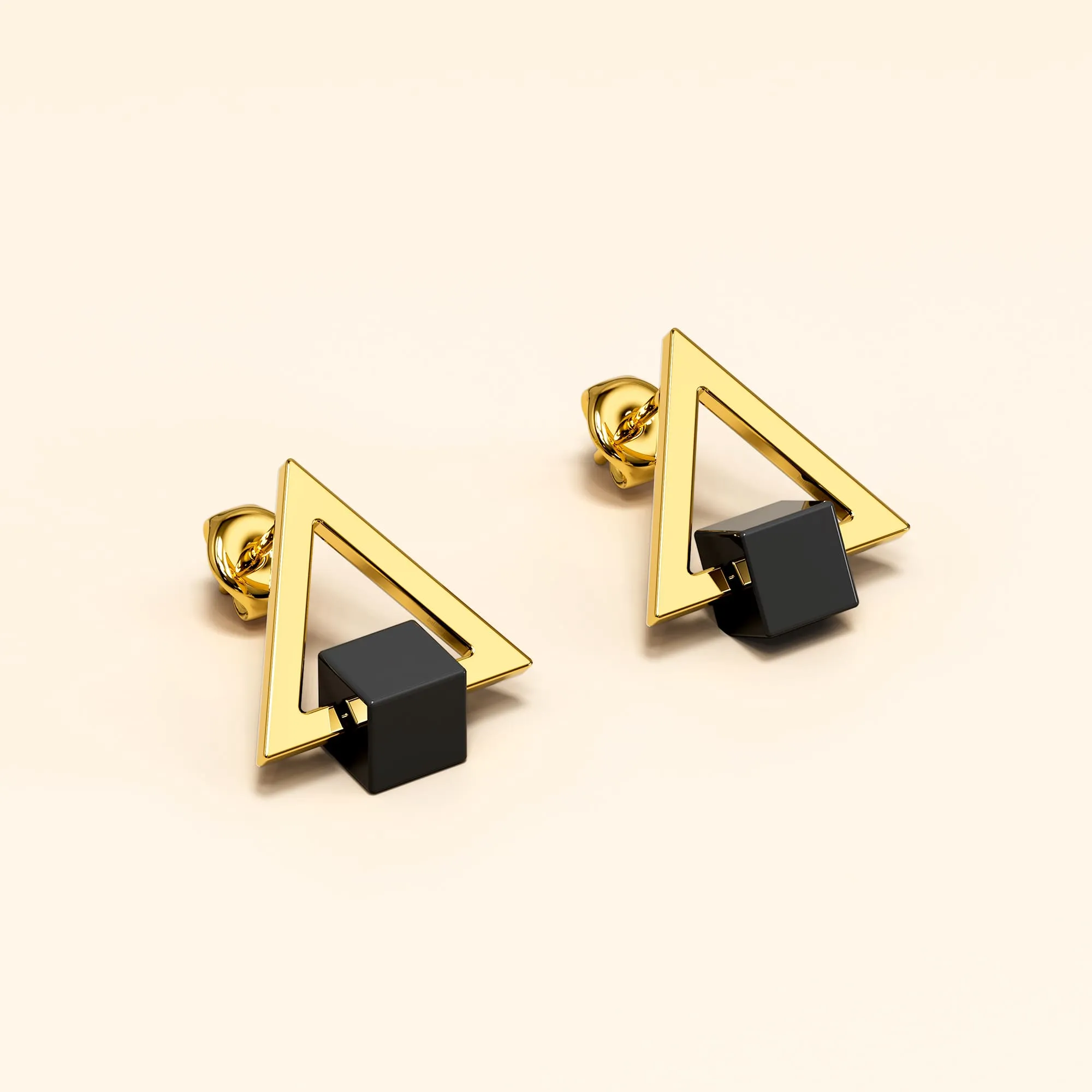 Modern Geometric Style Stud Earrings Triangle & Cube Gold