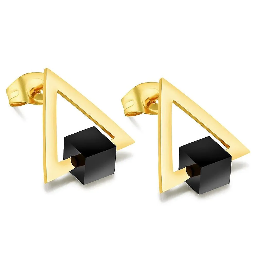 Modern Geometric Style Stud Earrings Triangle & Cube Gold