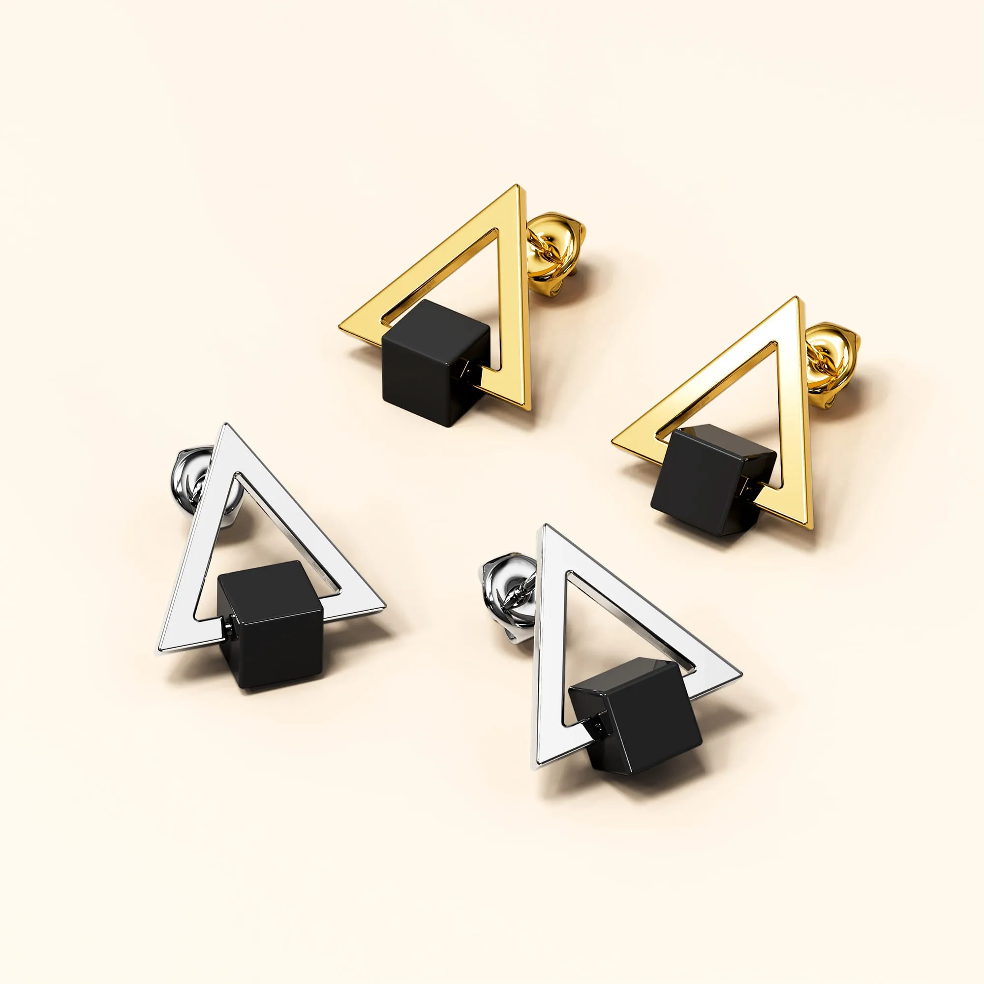 Modern Geometric Style Stud Earrings Triangle & Cube Gold