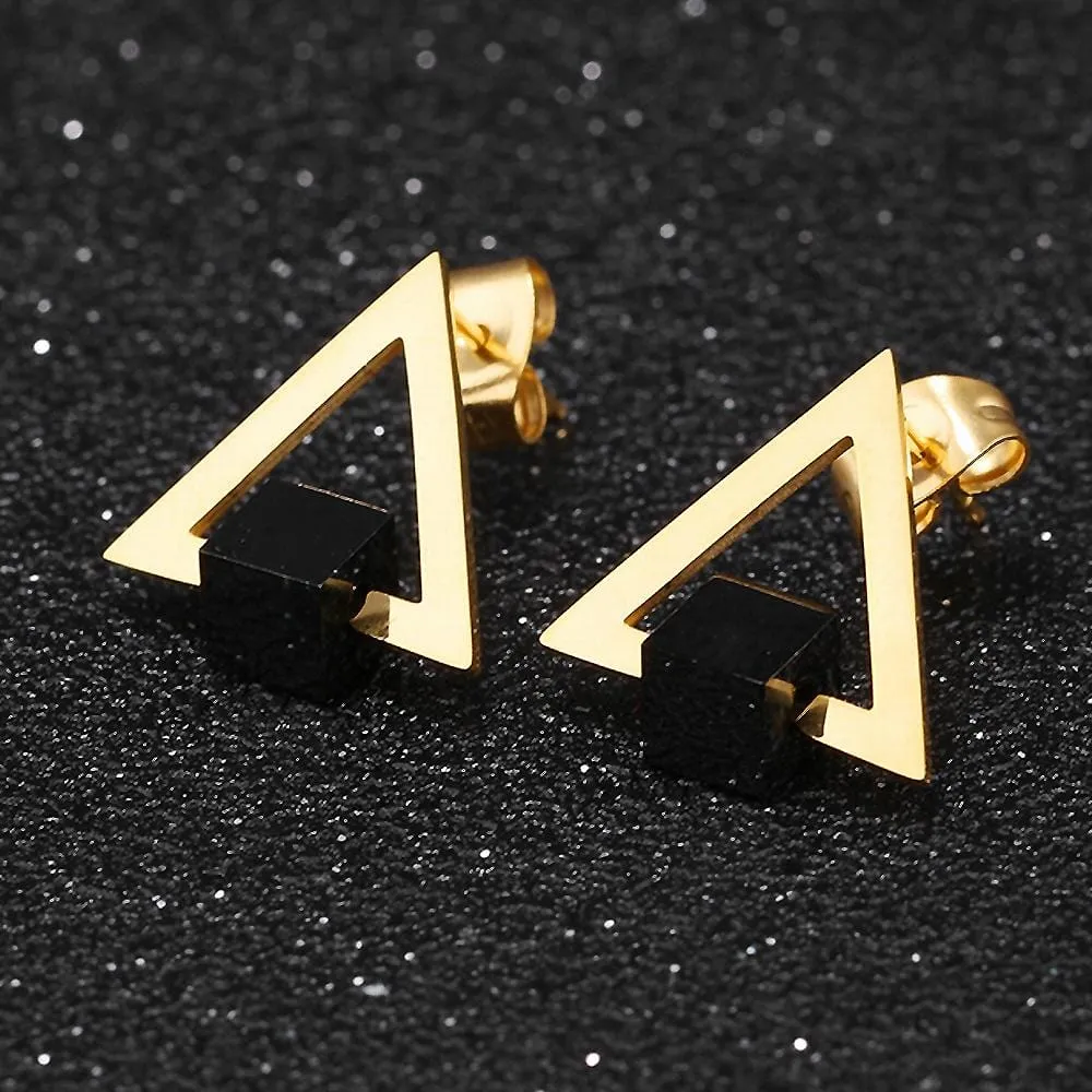 Modern Geometric Style Stud Earrings Triangle & Cube Gold