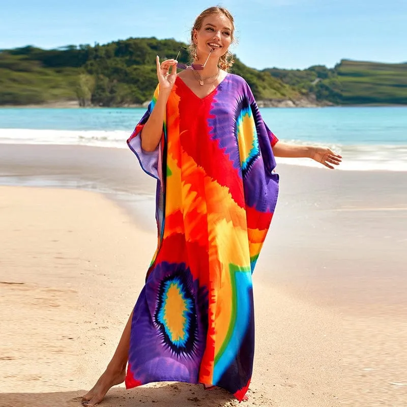 Rainbow Tie Dye Maxi Kaftan Dress