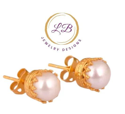 Regal Crown Design Gold Pearl Stud Earrings