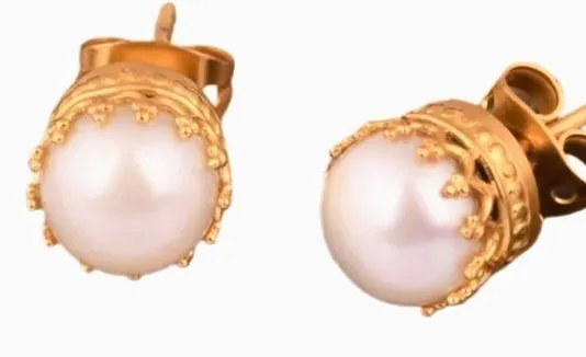 Regal Crown Design Gold Pearl Stud Earrings