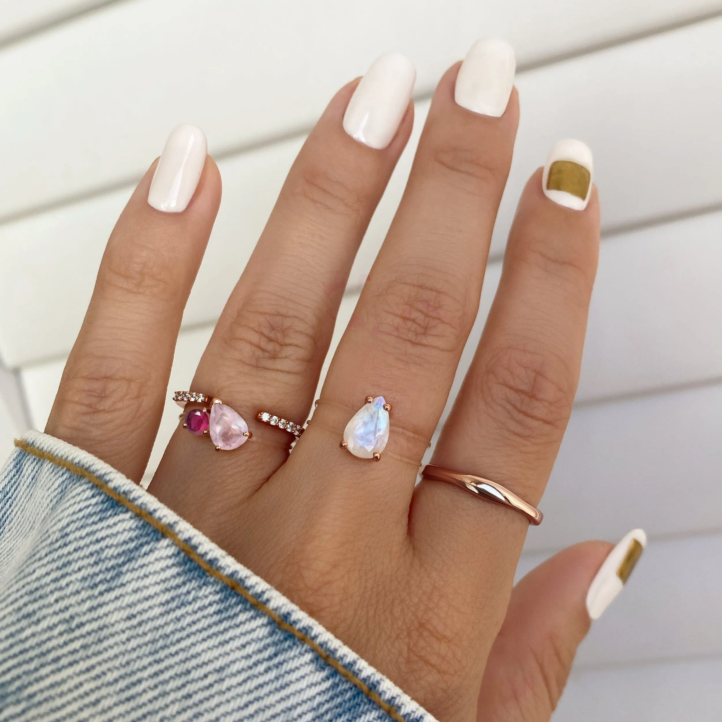 Rose Quartz Ruby Toi Et Moi & Moonstone Sway Floating Rings