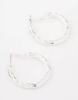 Silver Fine Line Textured Hoop Earrings