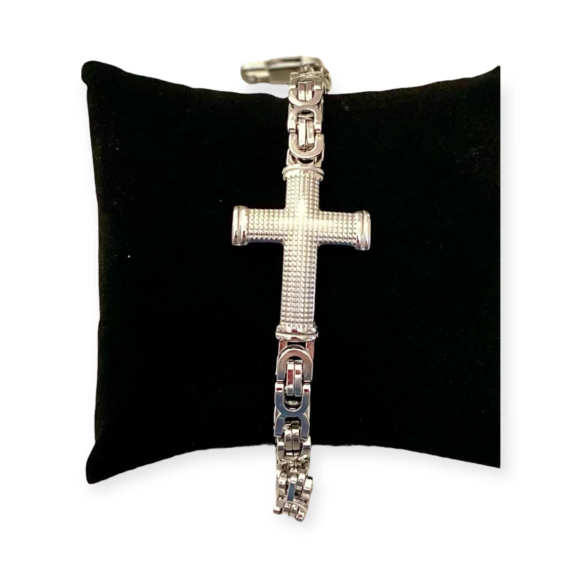 Silver Textured Cross Byzantine Chain Bracelet