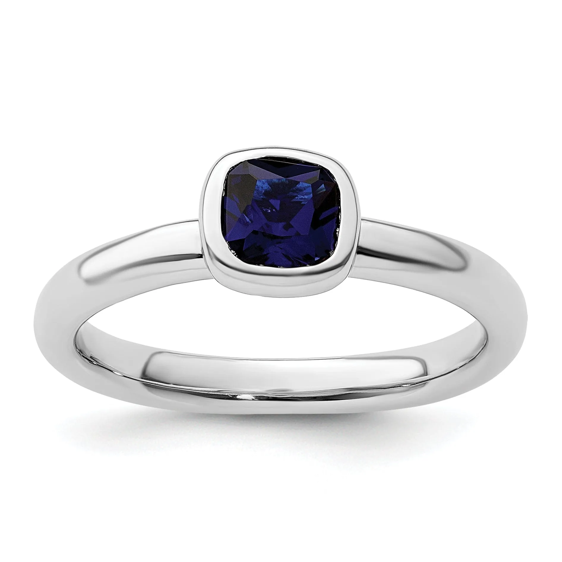 Sterling Silver Cushion Cut Created Sapphire Ring