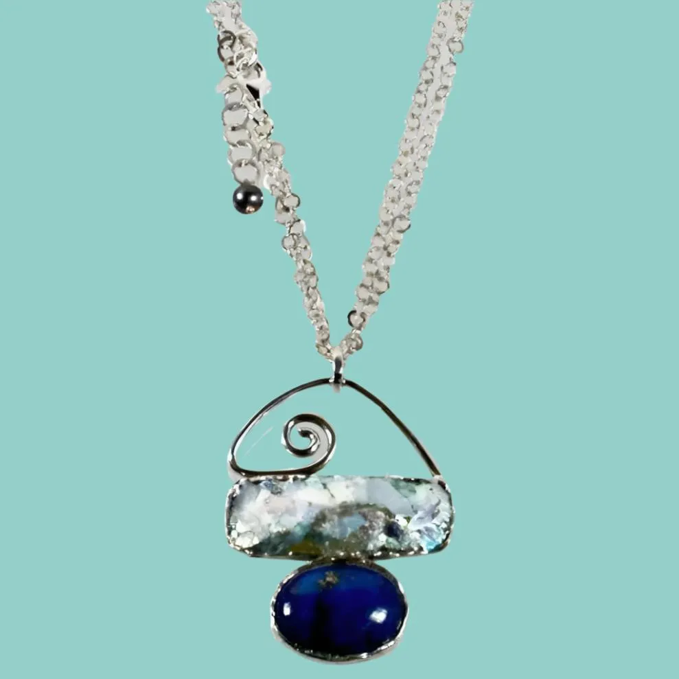 Sterling Silver Roman Glass Necklace with  Lapis