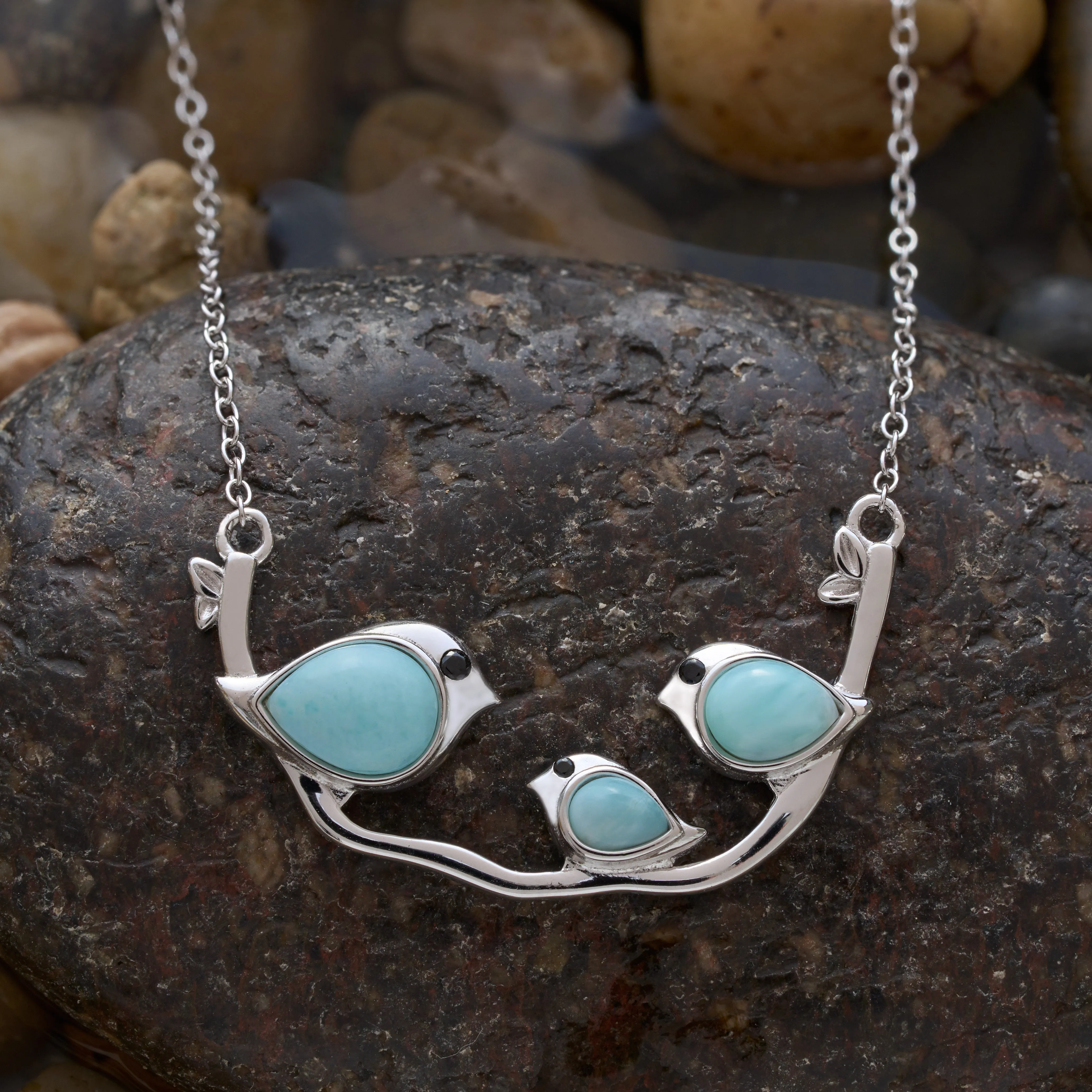 Sterling Silver Triple Larimar Birdie Branch Necklace