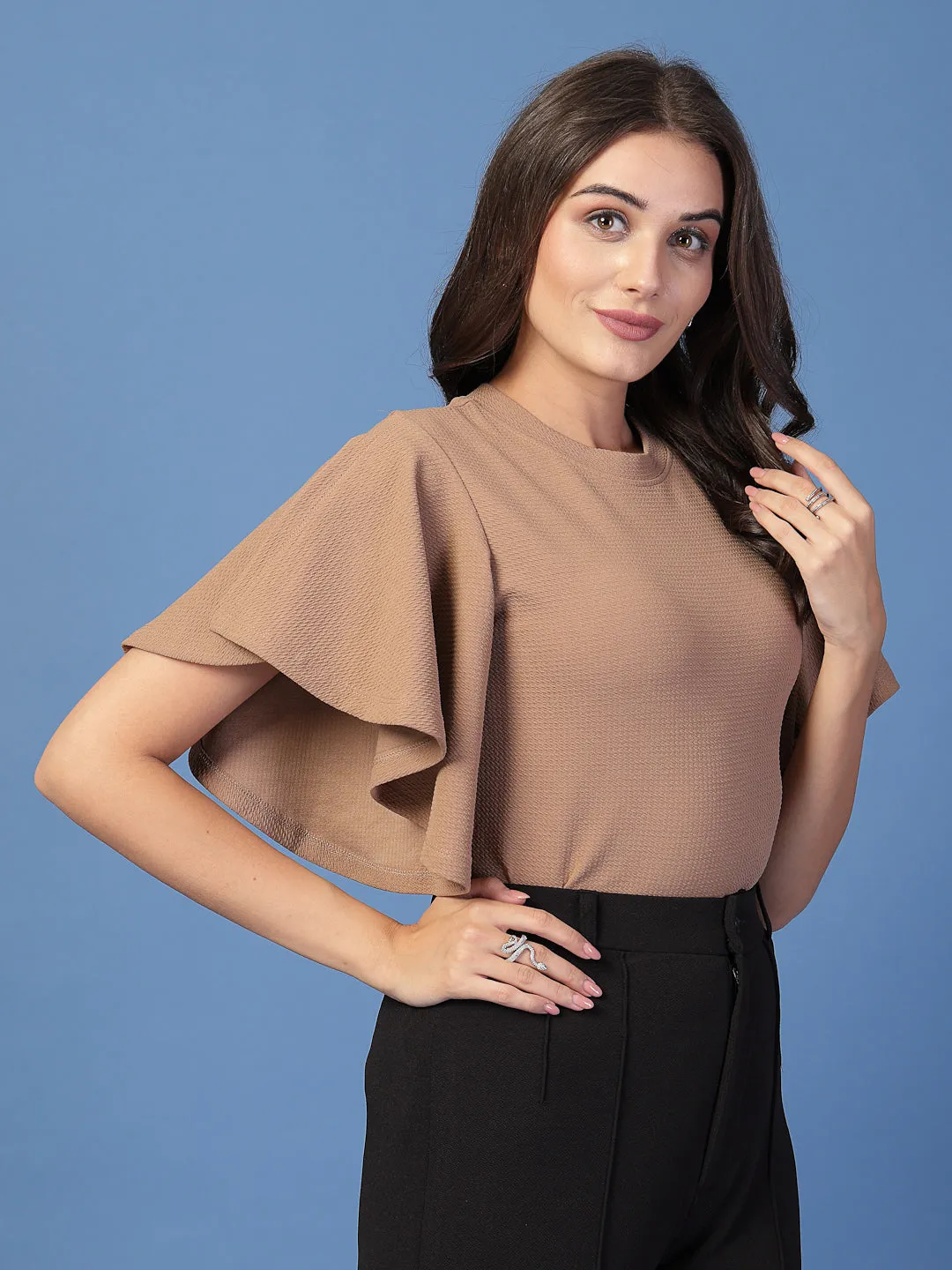 Style Quotient Women Solid Brown Self Design  Polyknit Smart Casual Top