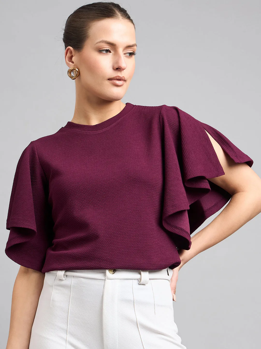 Style Quotient Women Solid Maroon Self Design Polyknit Smart Casual Top