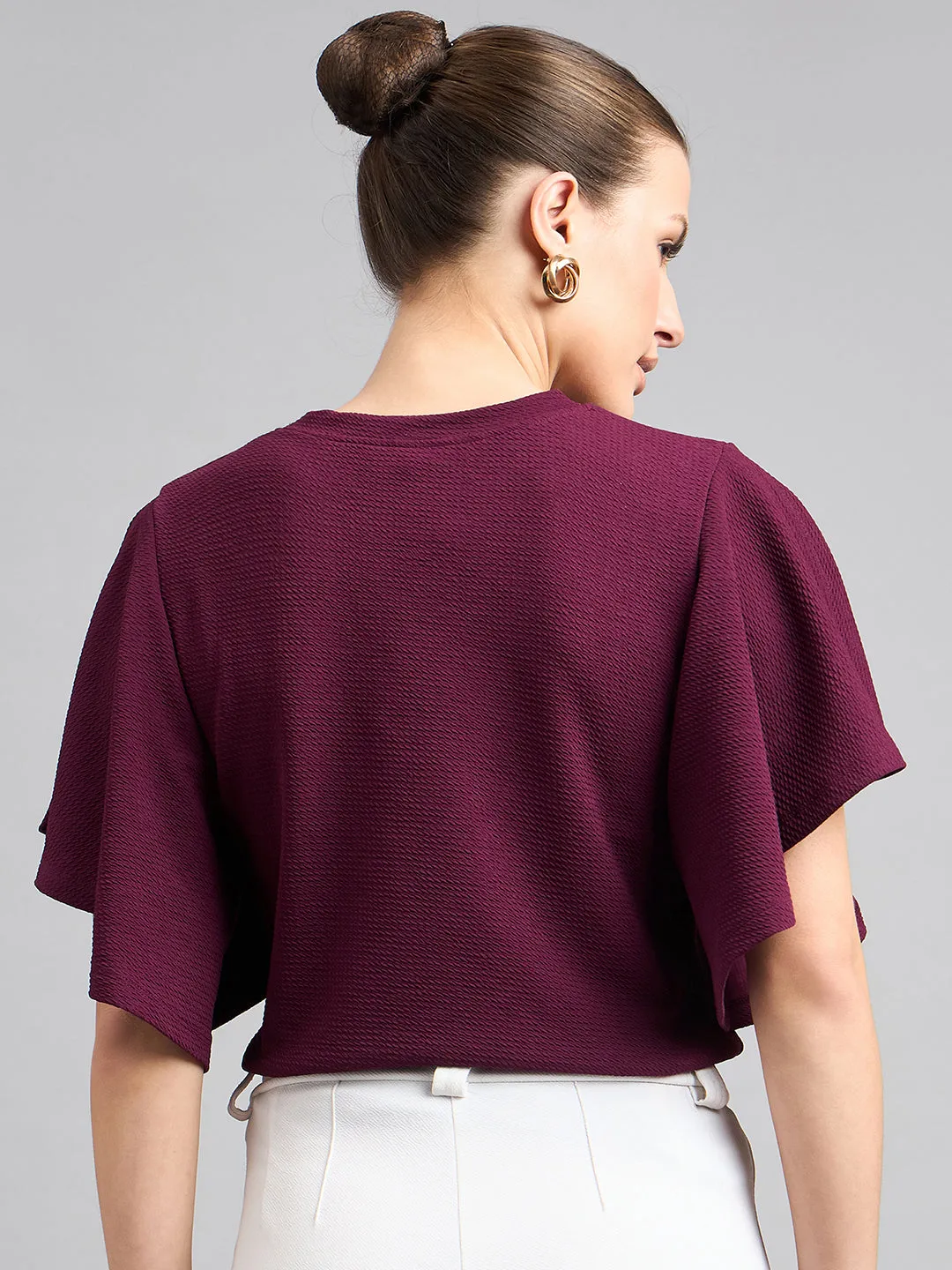 Style Quotient Women Solid Maroon Self Design Polyknit Smart Casual Top