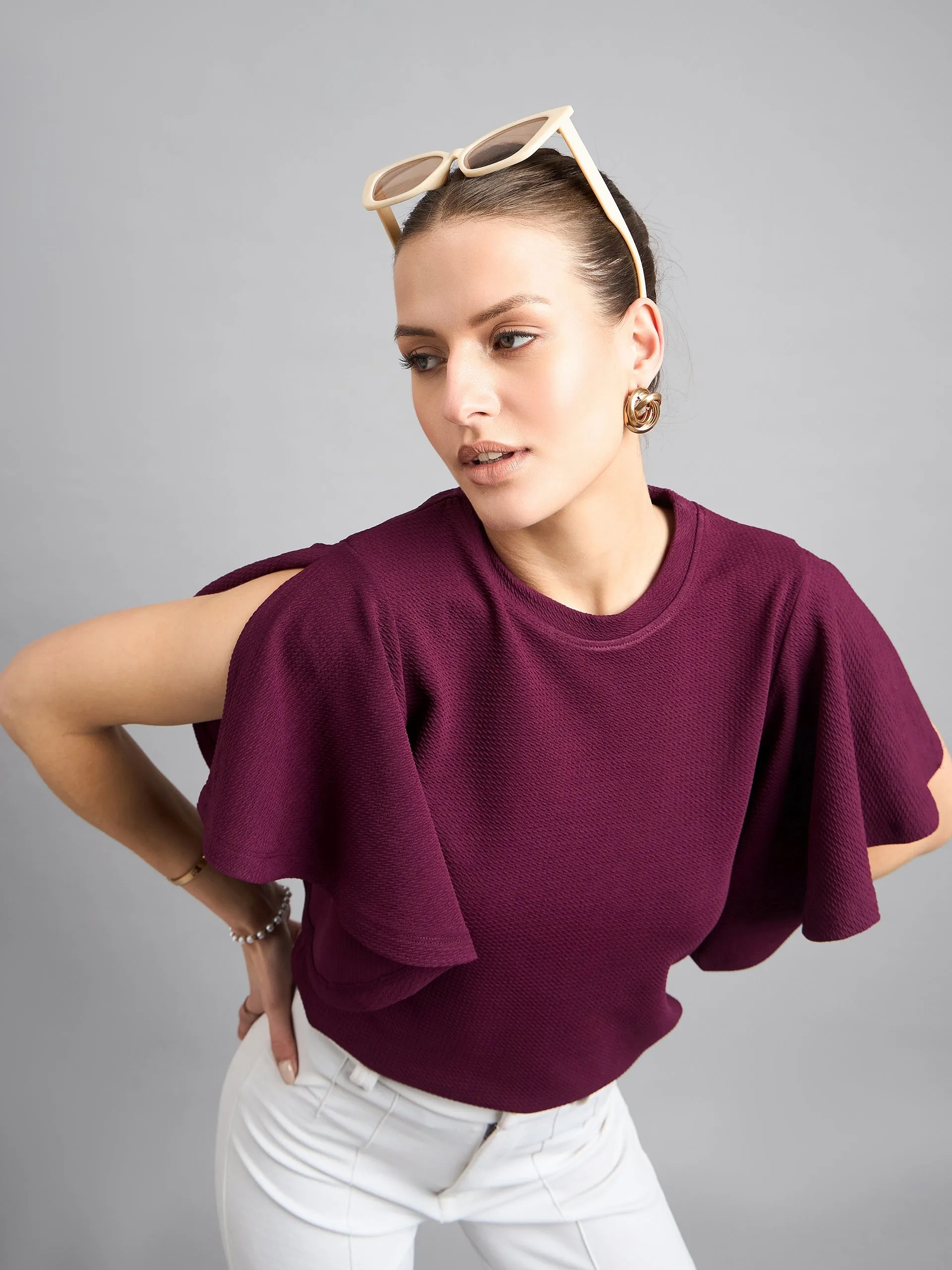 Style Quotient Women Solid Maroon Self Design Polyknit Smart Casual Top