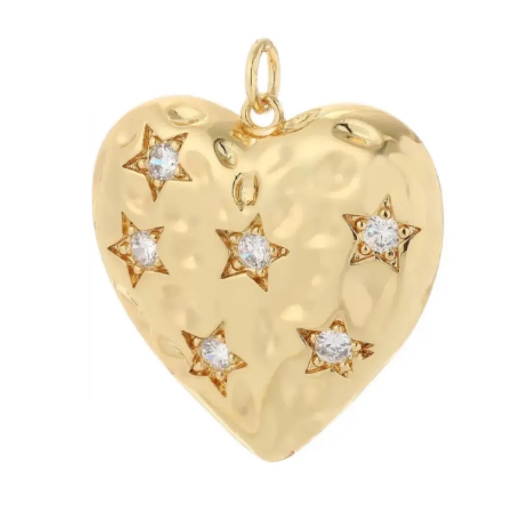 Textured Star CZ Heart Charm For Charm Necklace & Bracelet