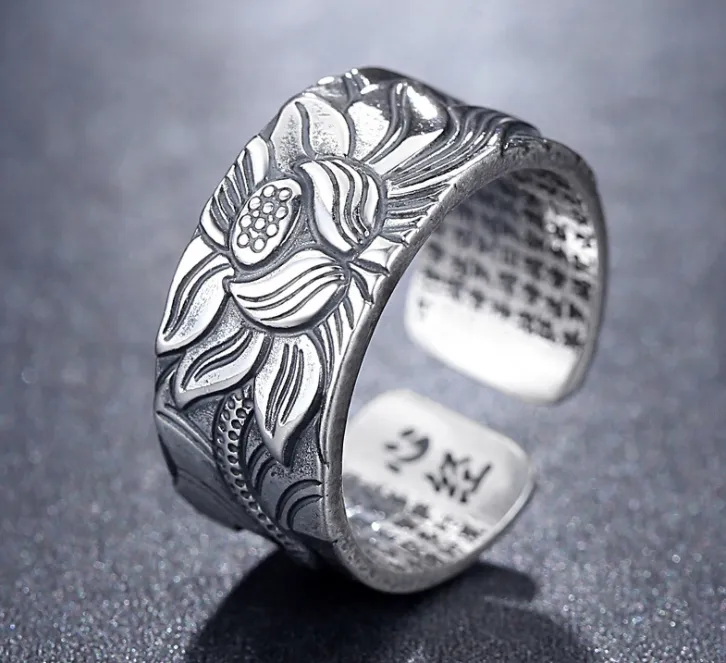 Thai Silver Black Lotus Ring inspired by the Heart Sutra