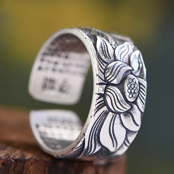 Thai Silver Black Lotus Ring inspired by the Heart Sutra