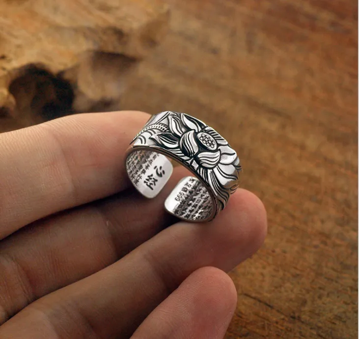 Thai Silver Black Lotus Ring inspired by the Heart Sutra